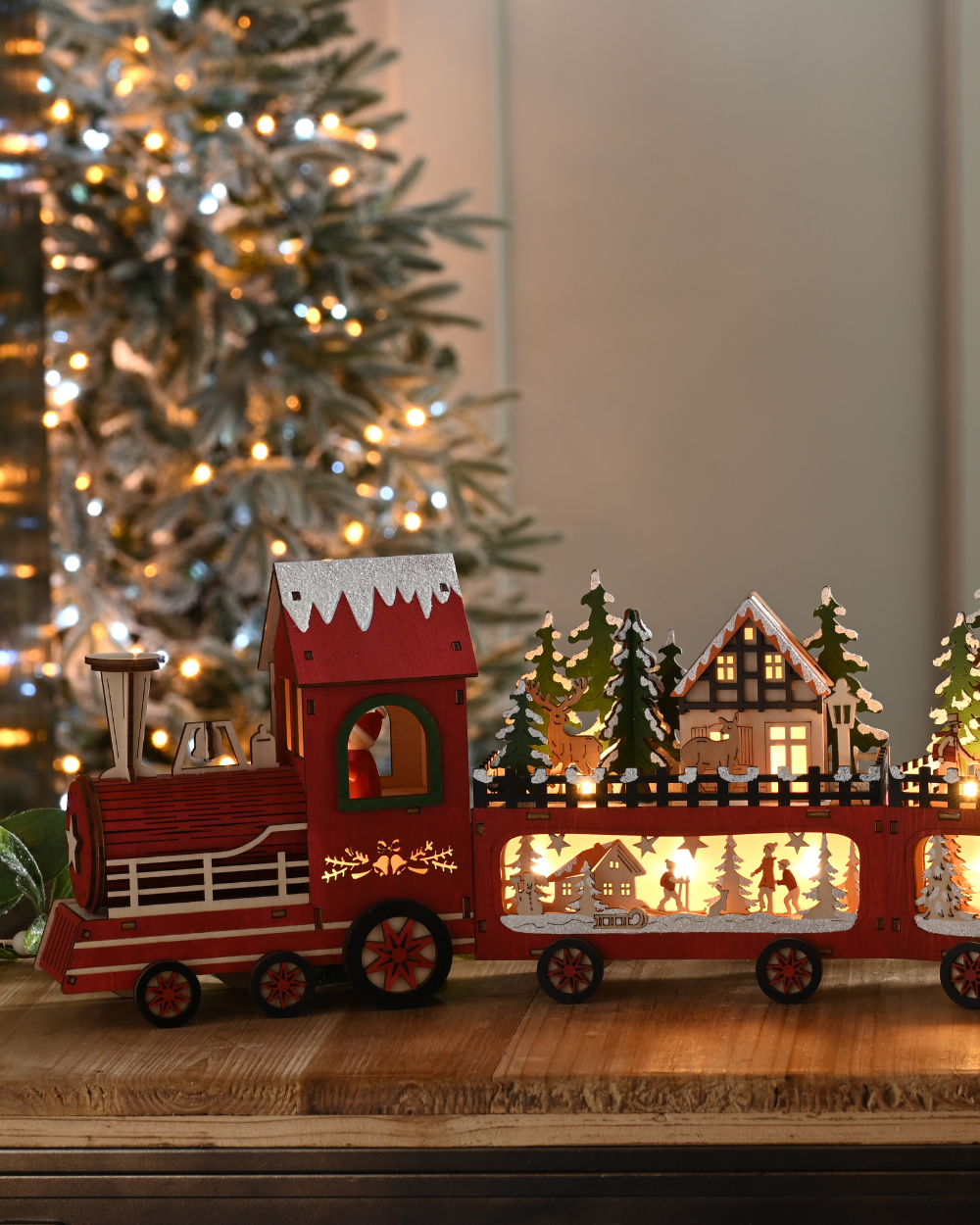 Christmas Wooden Train Scene Light Up 56cm
