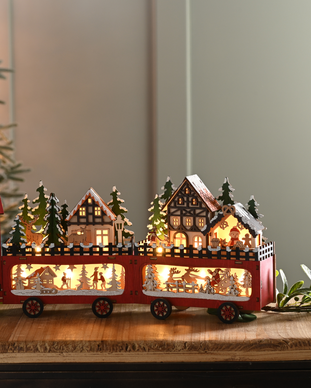 Christmas Wooden Train Scene Light Up 56cm
