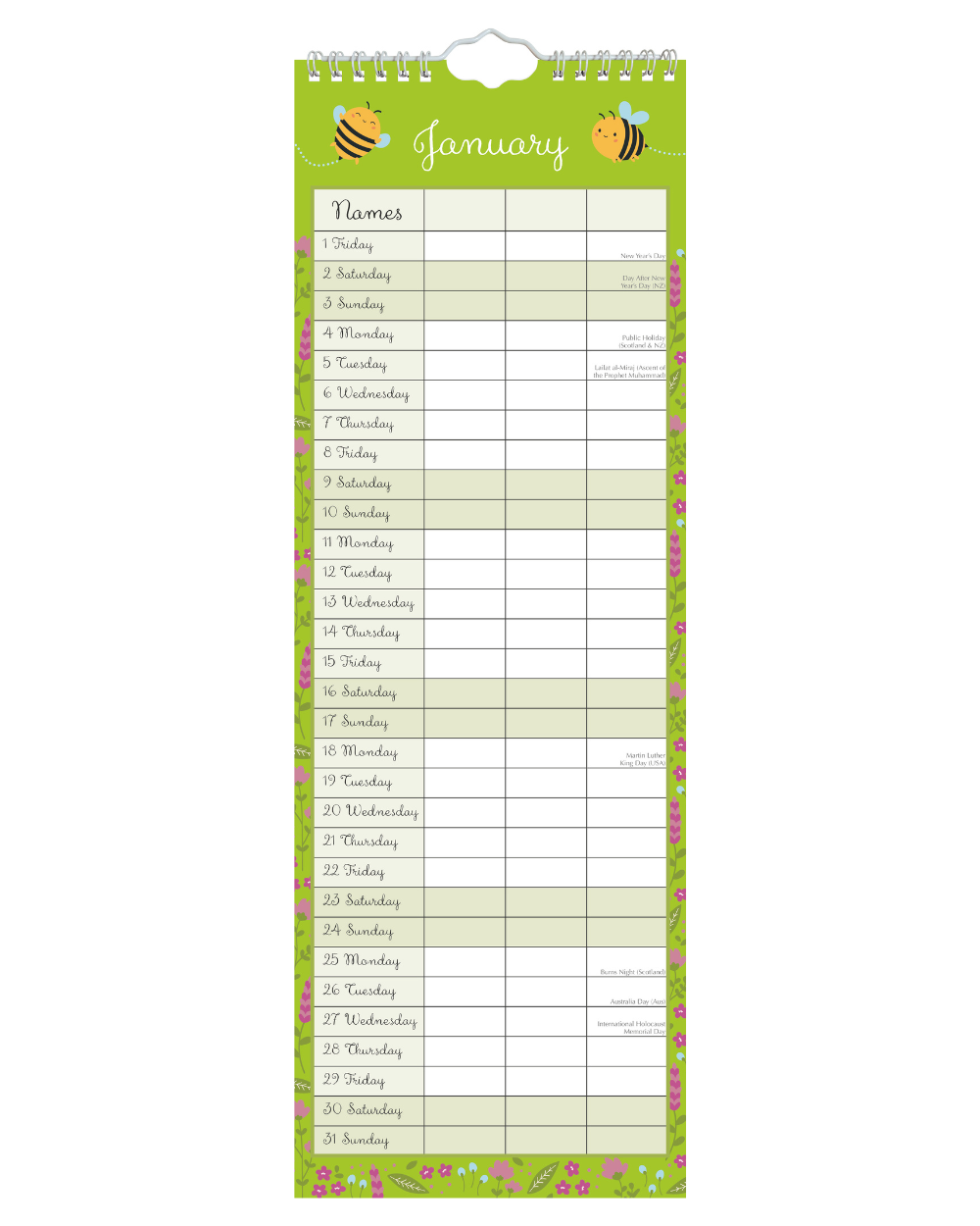 2027 Slim Family Organiser Calendar Busy Bee