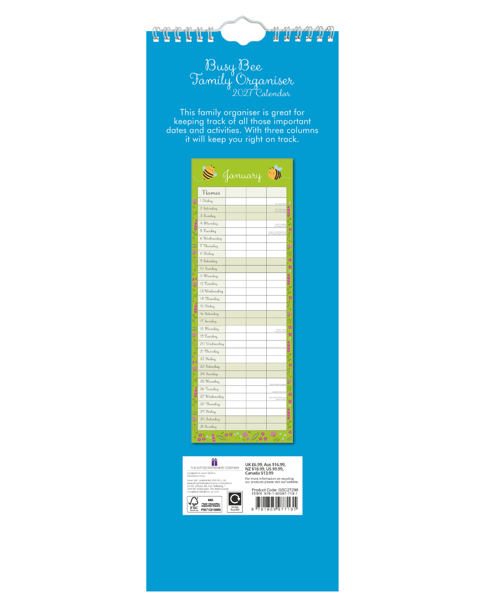 2027 Slim Family Organiser Calendar Busy Bee