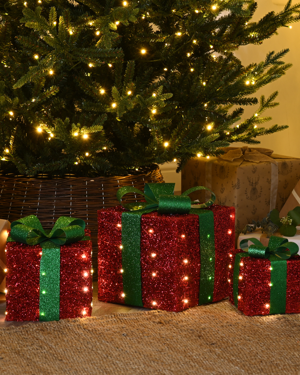 Christmas Three Red Presents Green Bows LED Decor