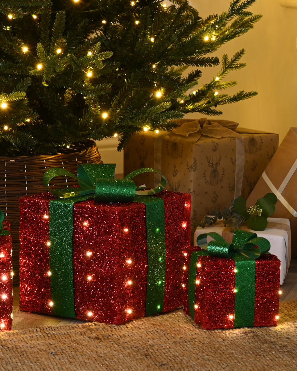 Christmas Three Red Presents Green Bows LED Decor