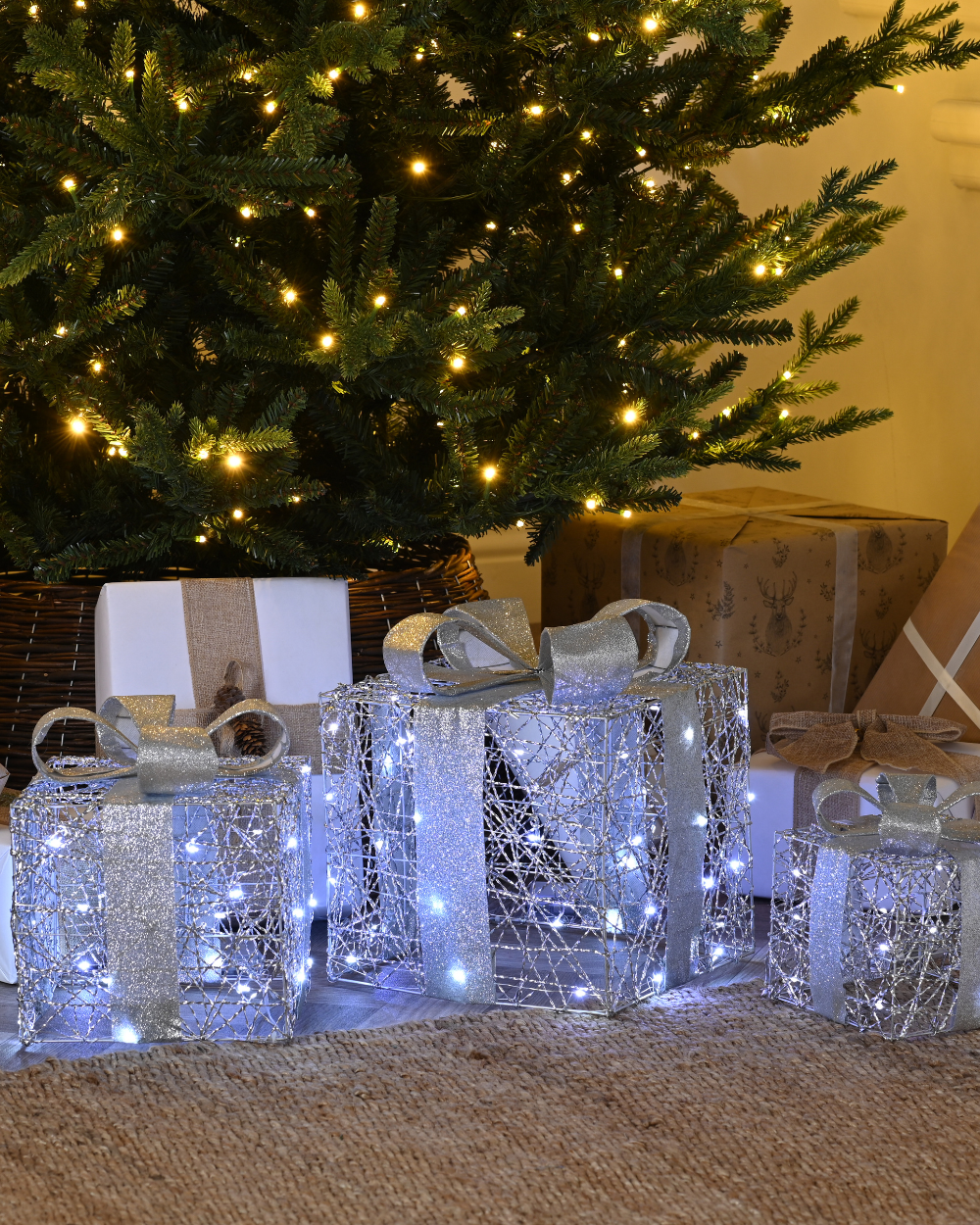 Christmas Three Silver Presents With Bows LED Decor
