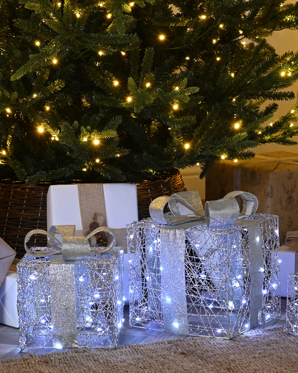 Christmas Three Silver Presents With Bows LED Decor