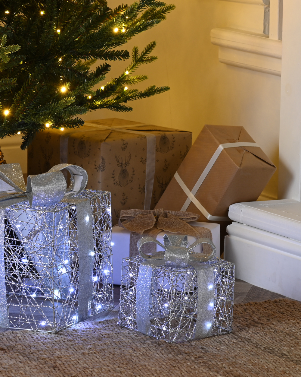 Christmas Three Silver Presents With Bows LED Decor