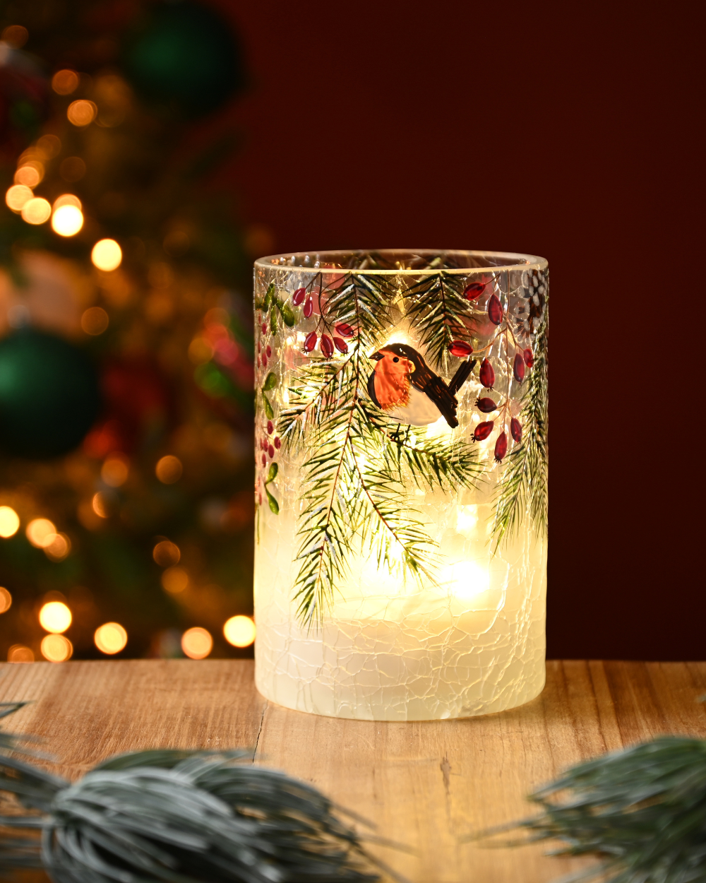 Robin & Berries Crackle Votive 15cm