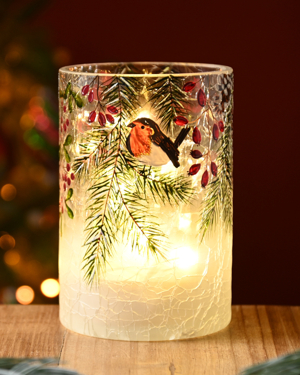 Robin & Berries Crackle Votive 15cm