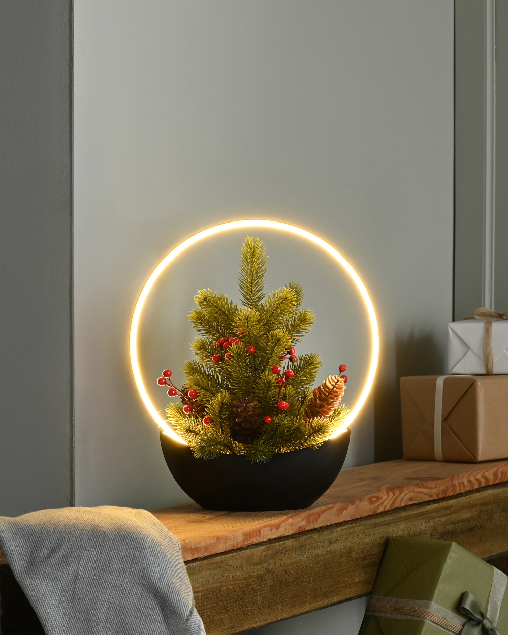 Lit Festive Berry Tree Arrangement