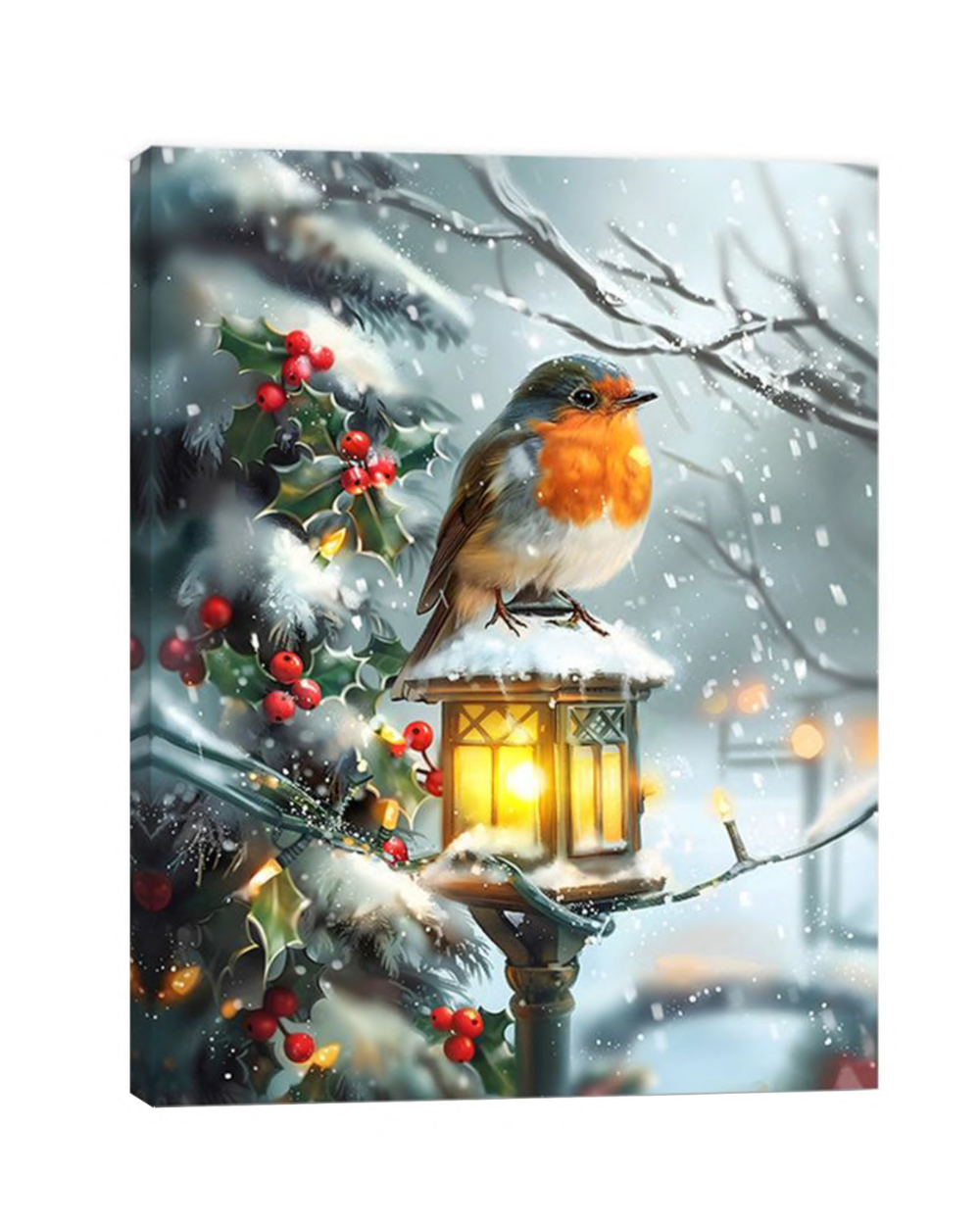 Robin On Lamppost Fibre Optic Canvas