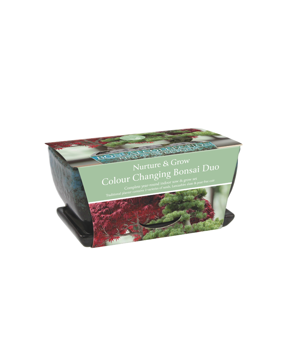 Nature & Grow Colour Changing Bonsai Duo in its retail packaging, featuring a black plastic container with a green and red illustrated label.