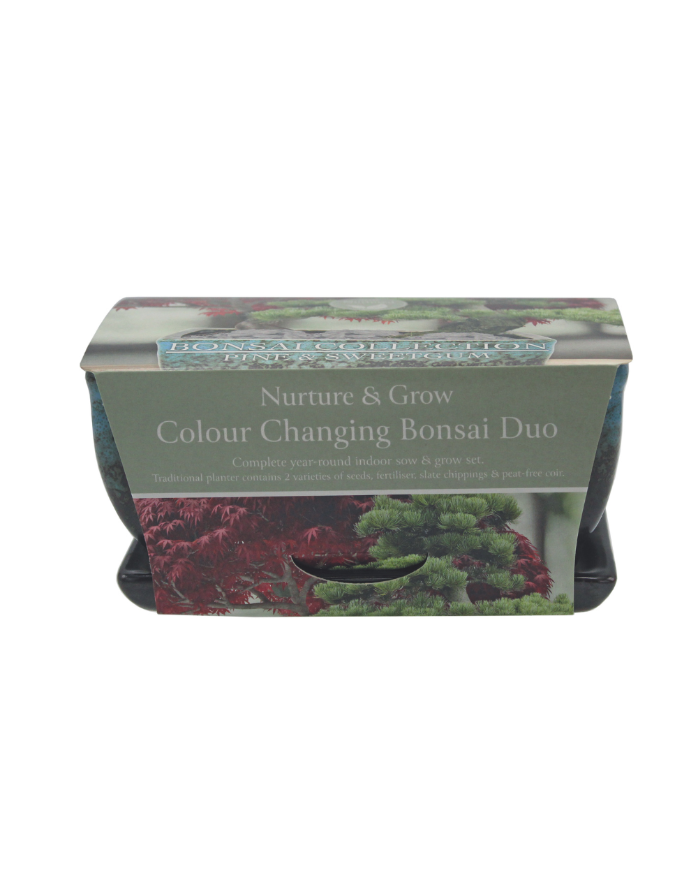 A boxed bonsai starter kit labeled 'Nurture & Grow Colour Changing Bonsai Duo' with floral and greenery imagery on the packaging, shown against a plain white background.