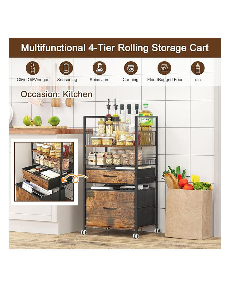 3 Tier Rolling Utility Cart with 2 Drawers Metal Black