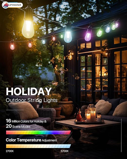 15 LED Outdoor String Lights with Remote APP Control 49FT