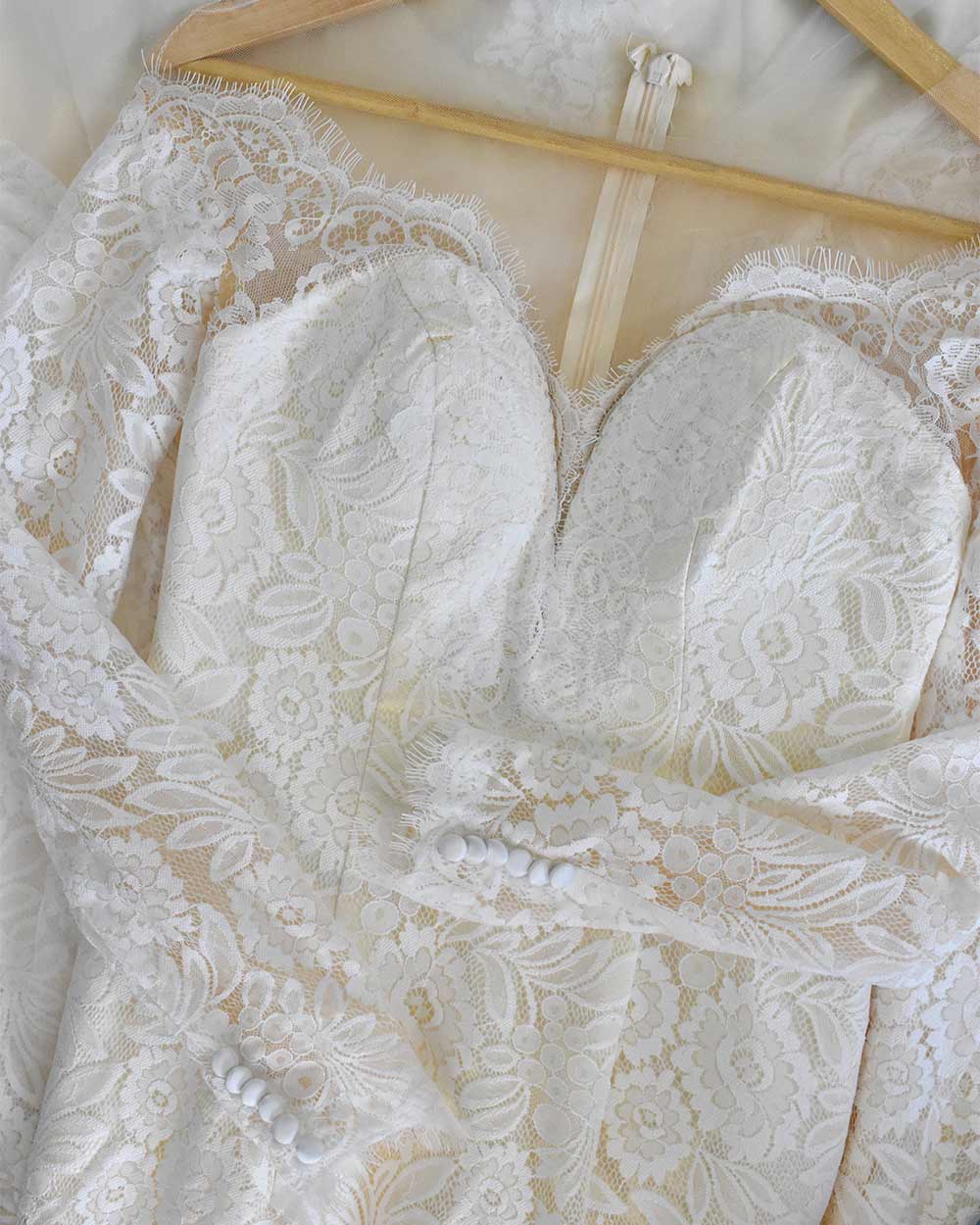 Ivory Lace Overlay Long Sleeved Wedding Dress