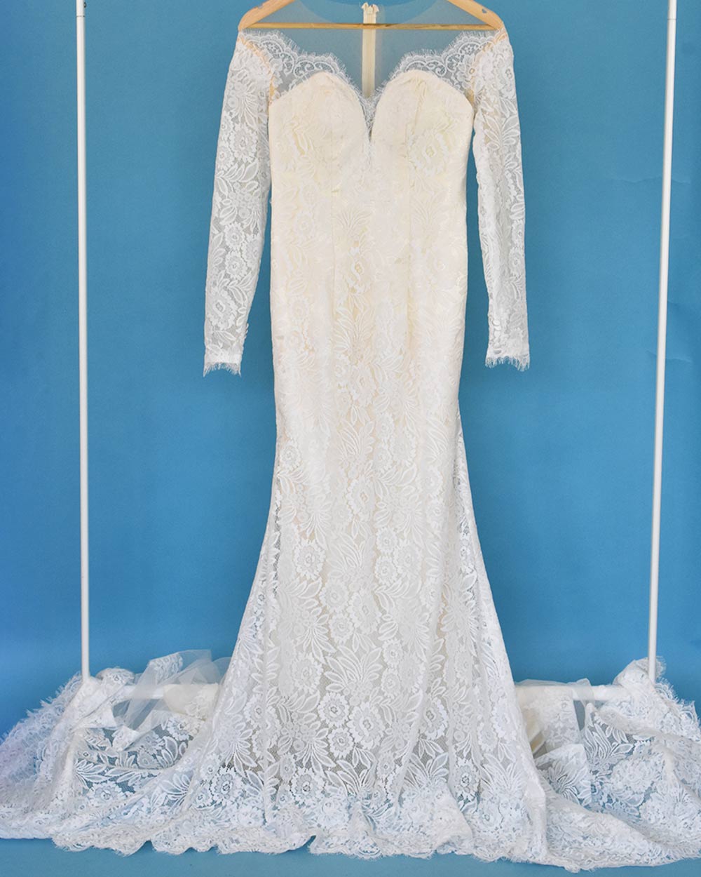 Ivory Lace Overlay Long Sleeved Wedding Dress