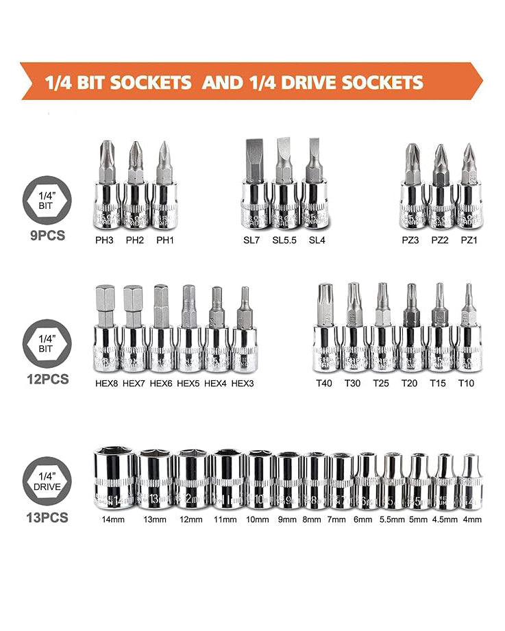 46 Piece Socket Wrench Set 1/4 Inch Drive Ratchet Set
