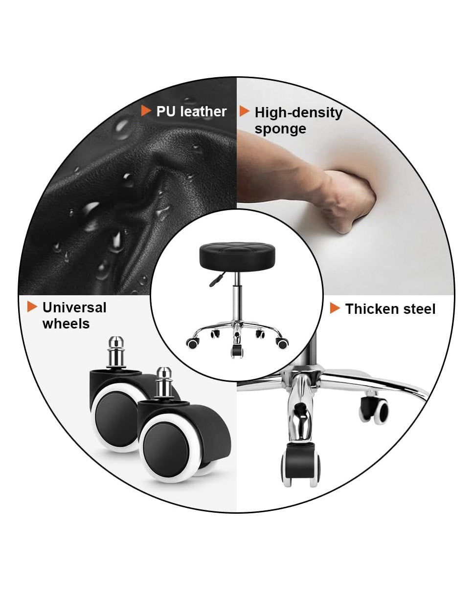 Round Rolling Stool Chair PU Leather Black