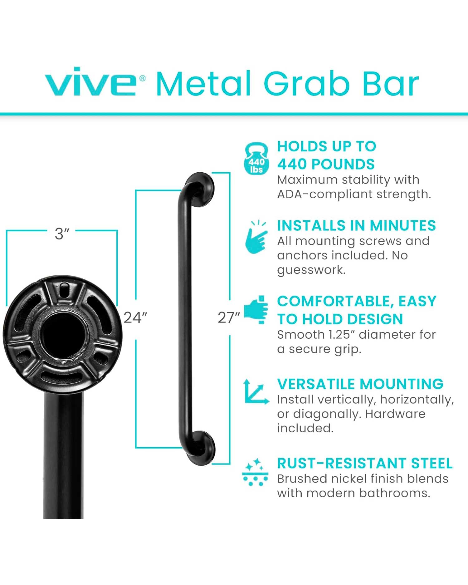 Vive Grab Bar Rail for Bathtubs and Showers 24" Black