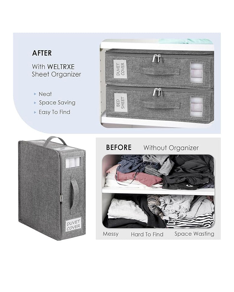 WELTRXE Bedding Storage Bed Sheet Organiser 4 Pack Grey