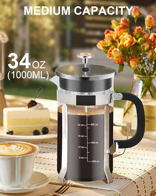 French Press Coffee Maker 34oz Glass Chrome