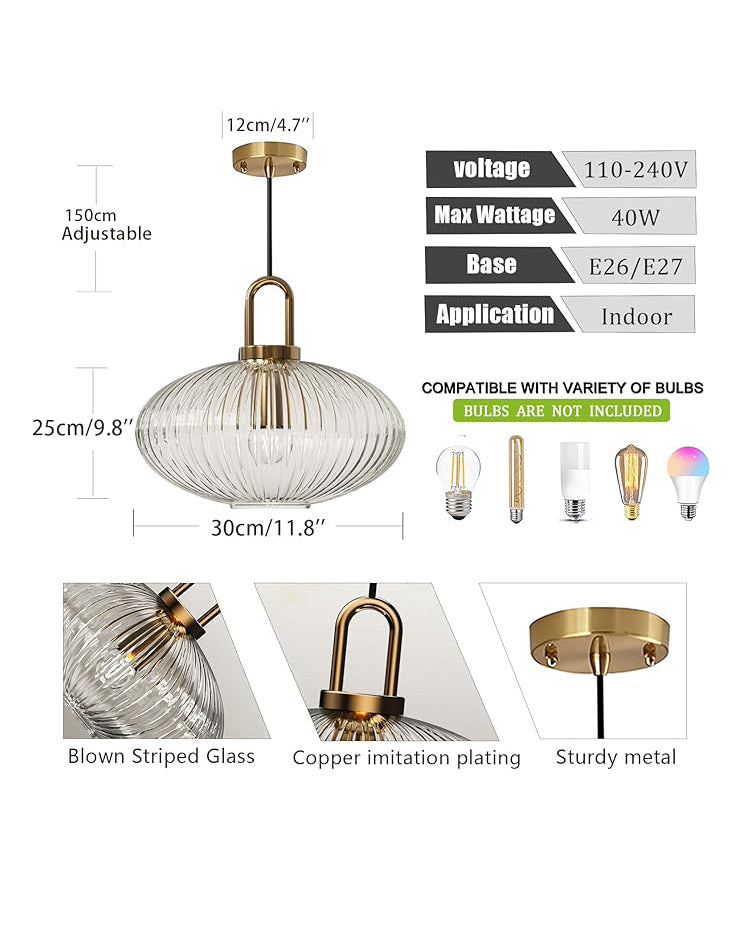 Clear Ribbed Glass Lamp Shade Pendant Light 300mm