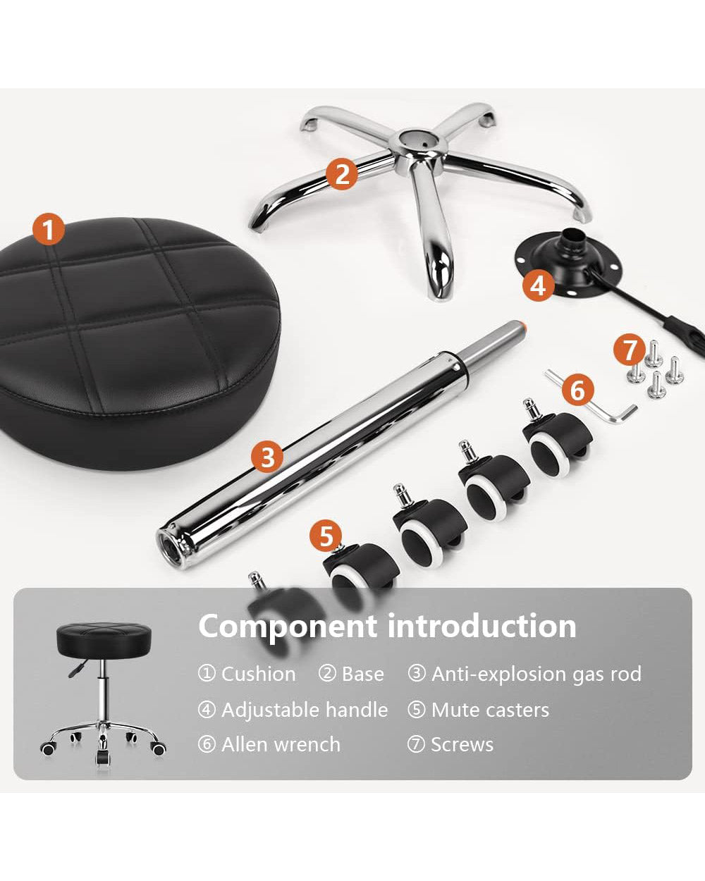 Round Rolling Stool Chair PU Leather Black