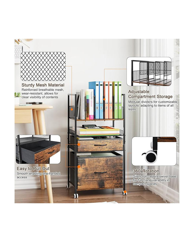 3 Tier Rolling Utility Cart with 2 Drawers Metal Black