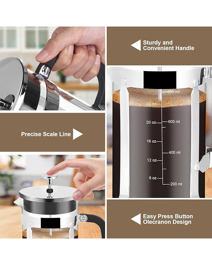 French Press Coffee Maker 34oz Glass Chrome
