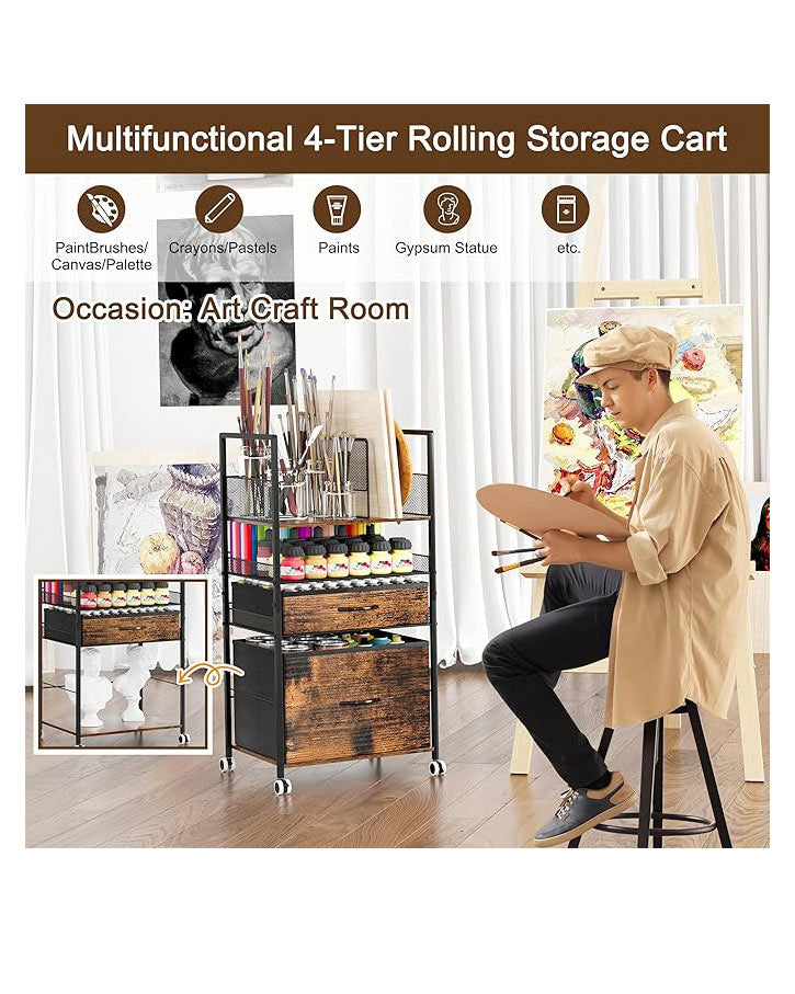 3 Tier Rolling Utility Cart with 2 Drawers Metal Black
