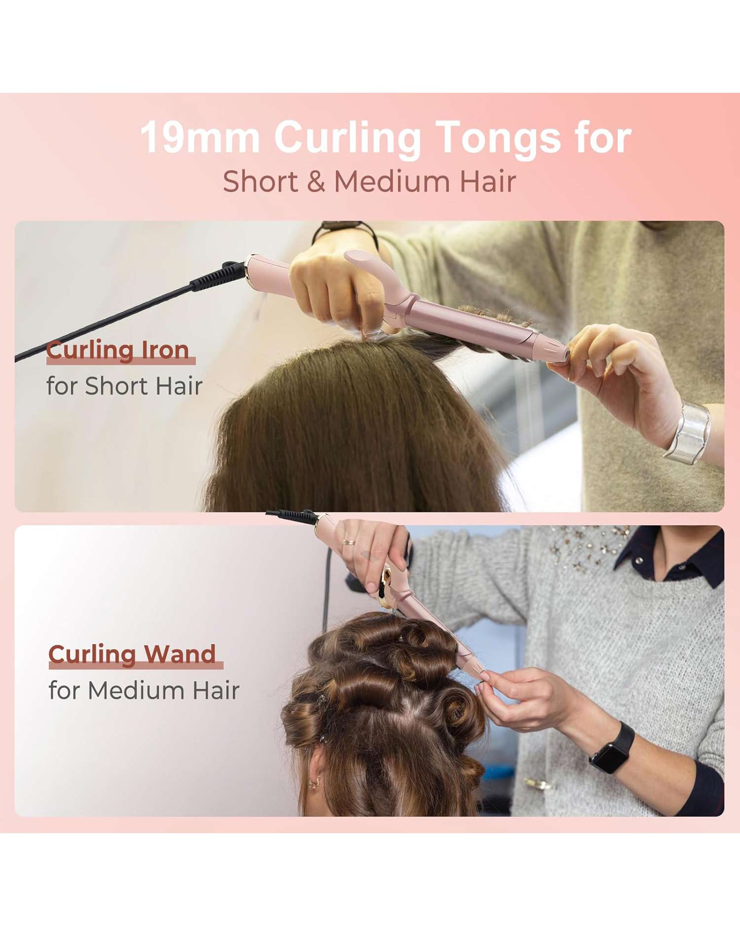 Mini Travel Curling Tongs 19mm Adjustable Temperature Pink