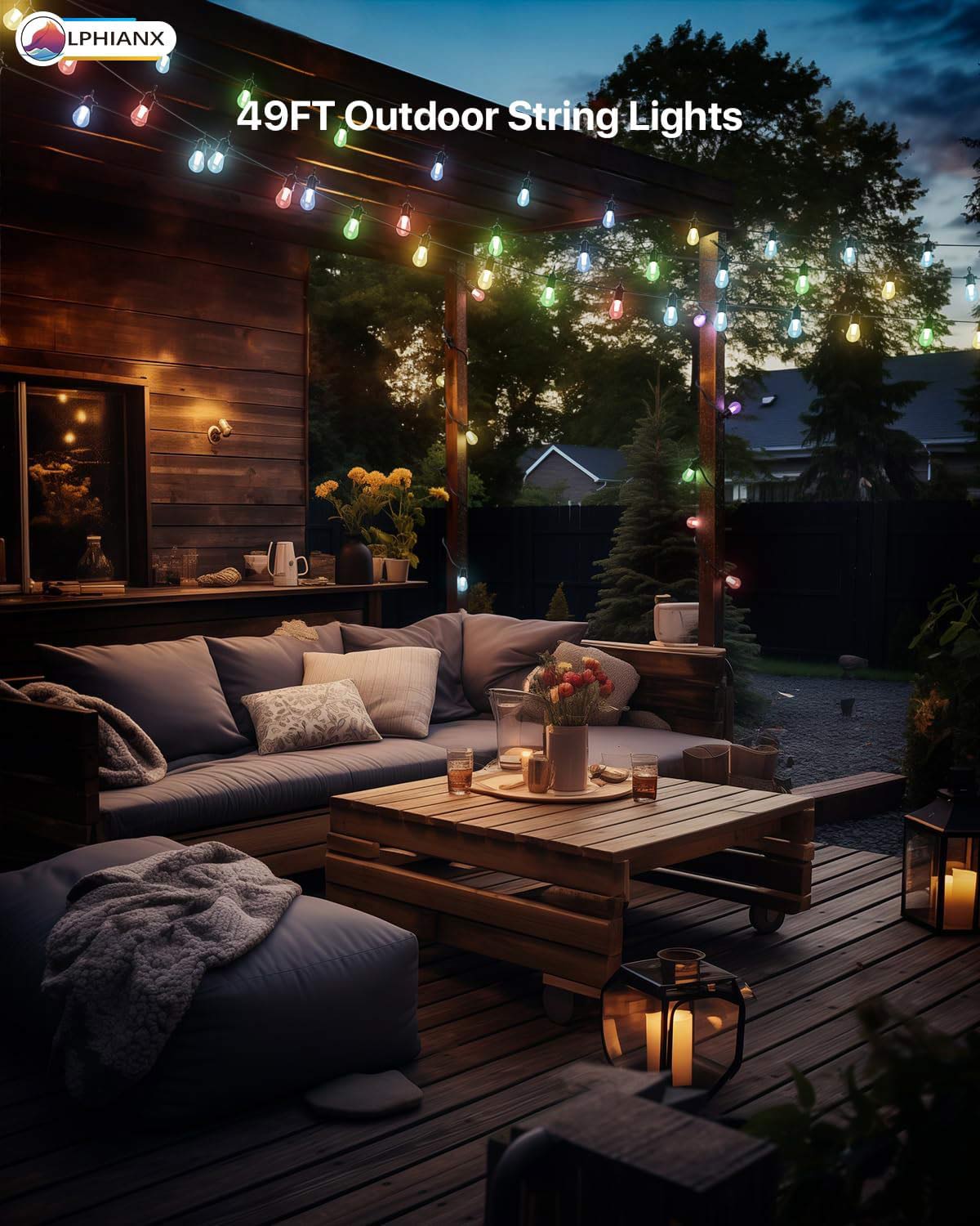 15 LED Outdoor String Lights with Remote APP Control 49FT