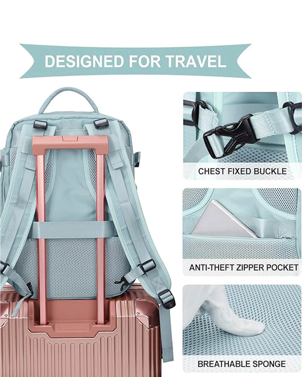 Travel Bag Backpack USB Port Men Women Blue