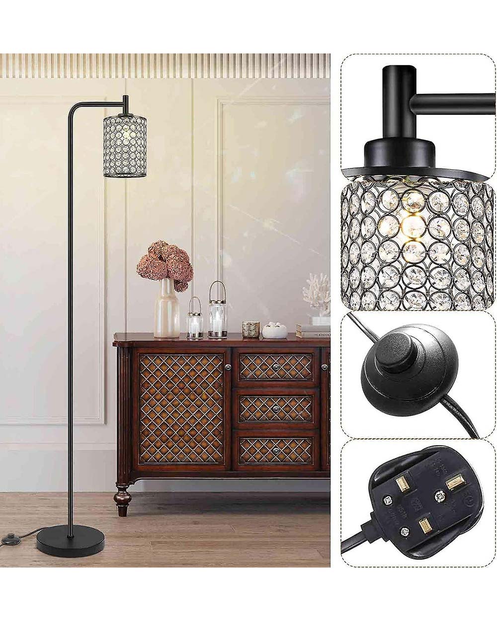Elegant Floor Lamp With Hanging Crystal Shade Black
