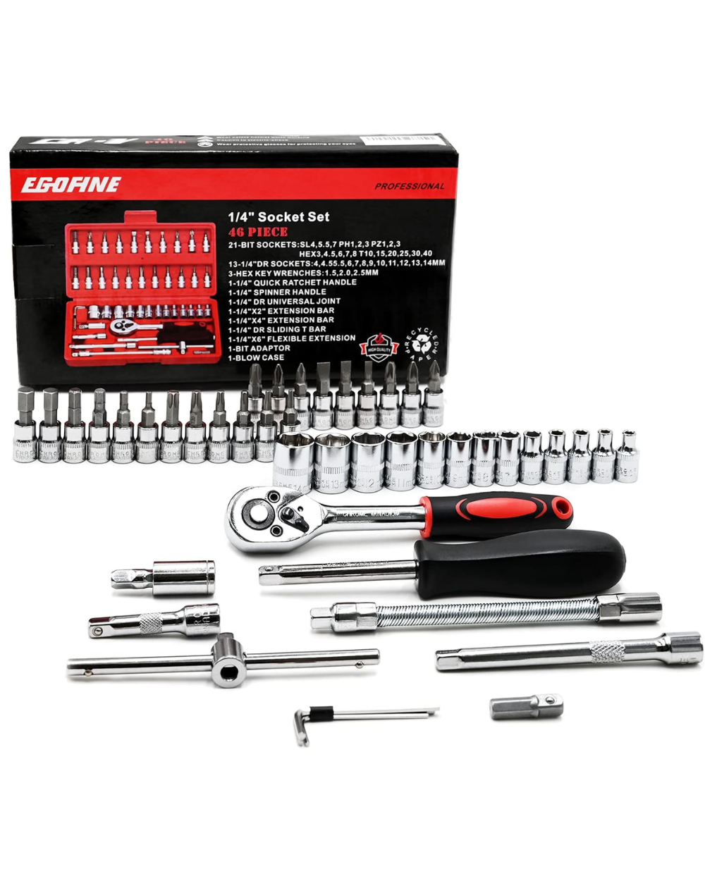 Egofine 1/4 inch socket set with tools and packaging on a white background