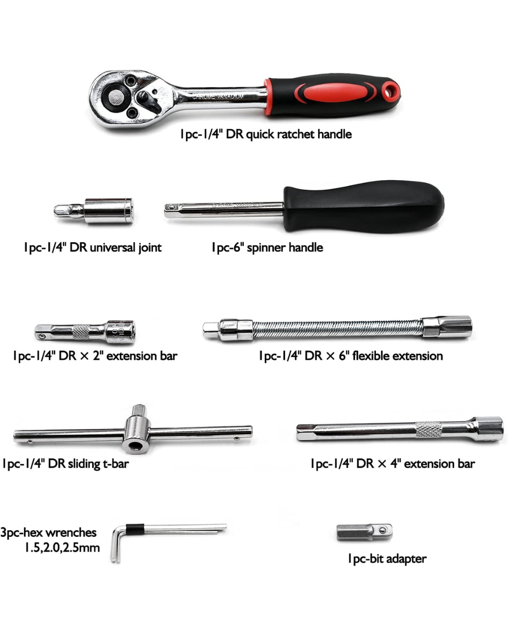 Set of various tools including a ratchet handle, screwdriver, and extensions on a white background.
