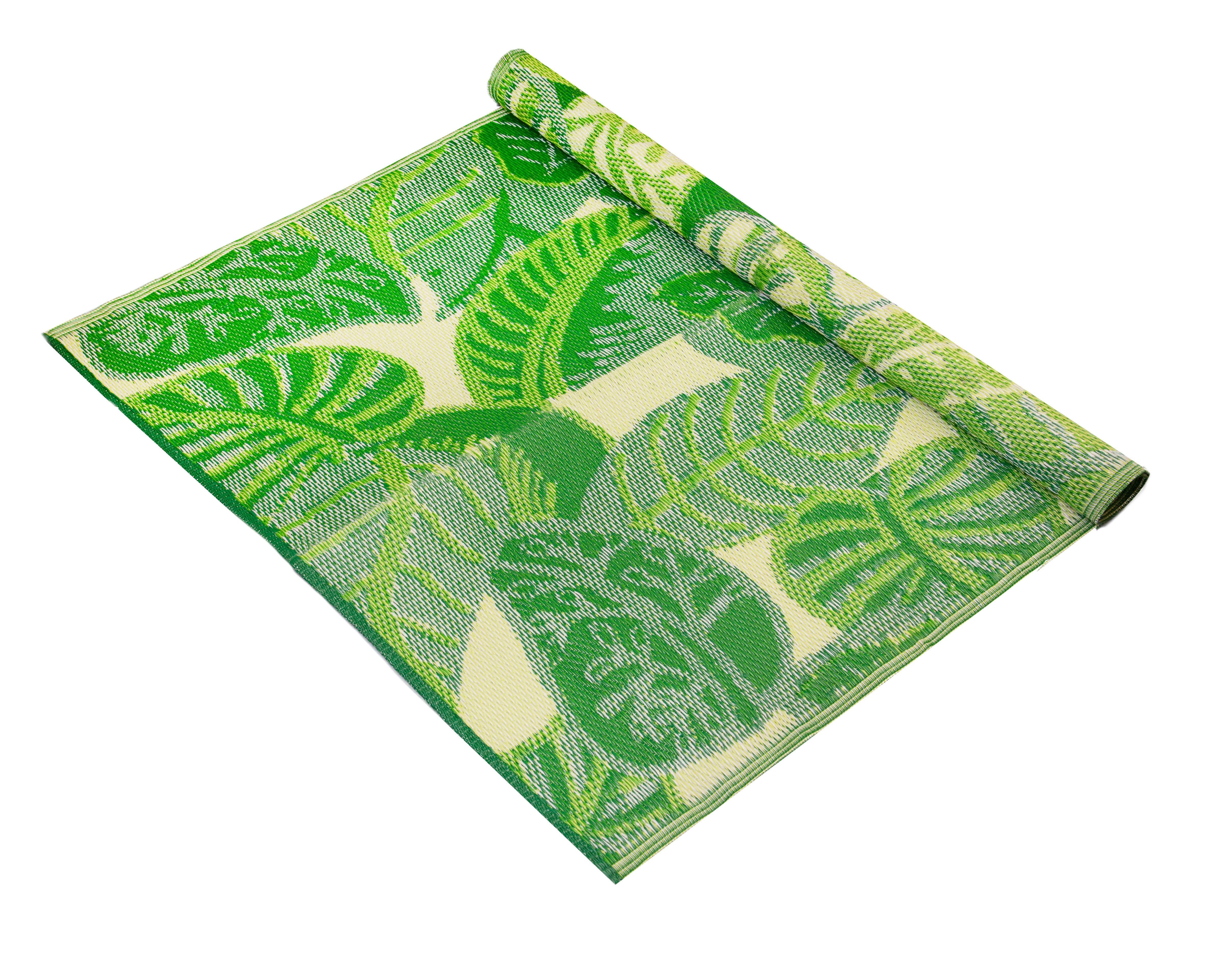 Tropical Outdoor Rug Palm Leaf 120 x 180cm pictured on a white cut out background half rolled