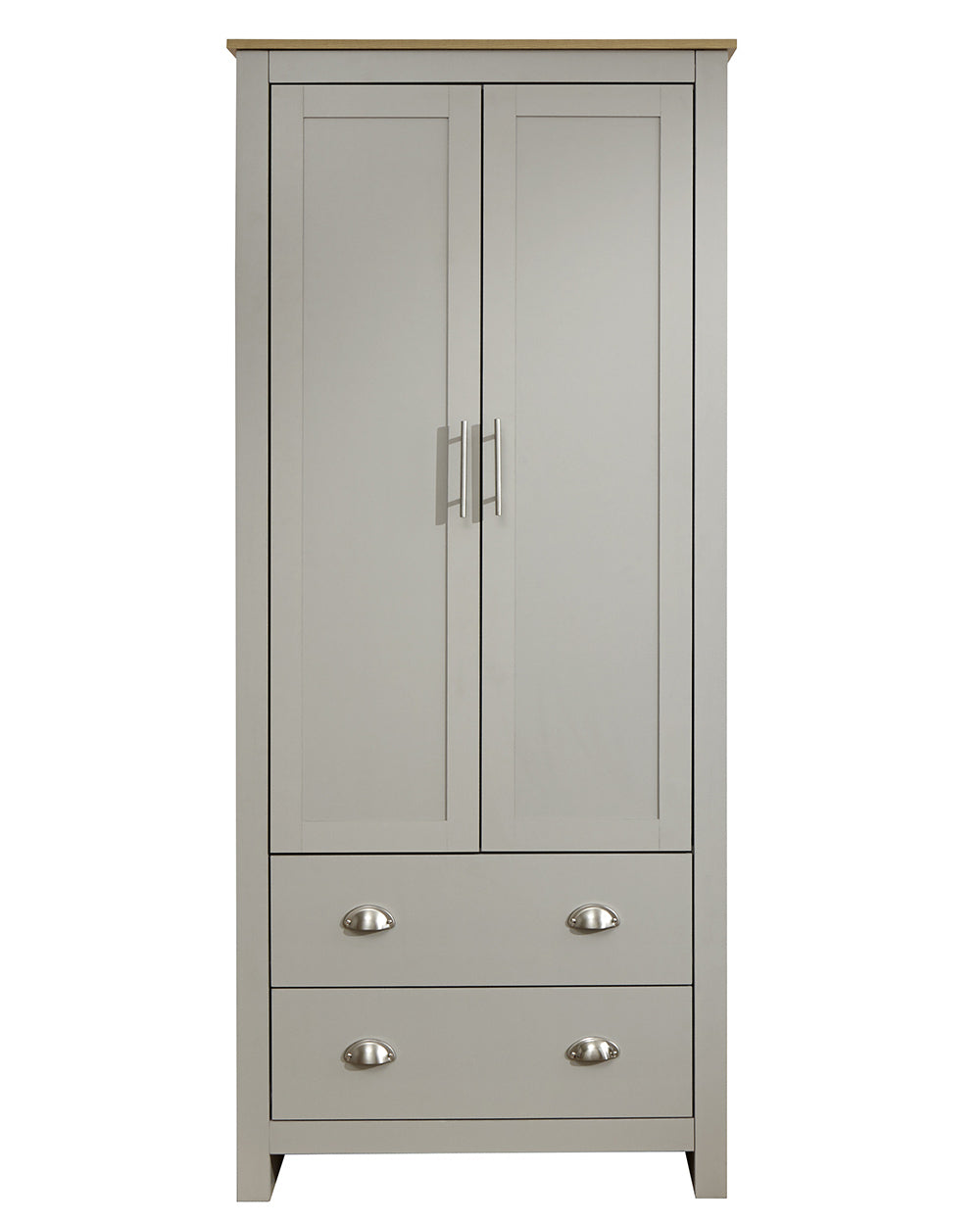 Lancaster 2 Door 2 Drawer wardrobe in sleek grey with an oak effect top on a white cut out back ground