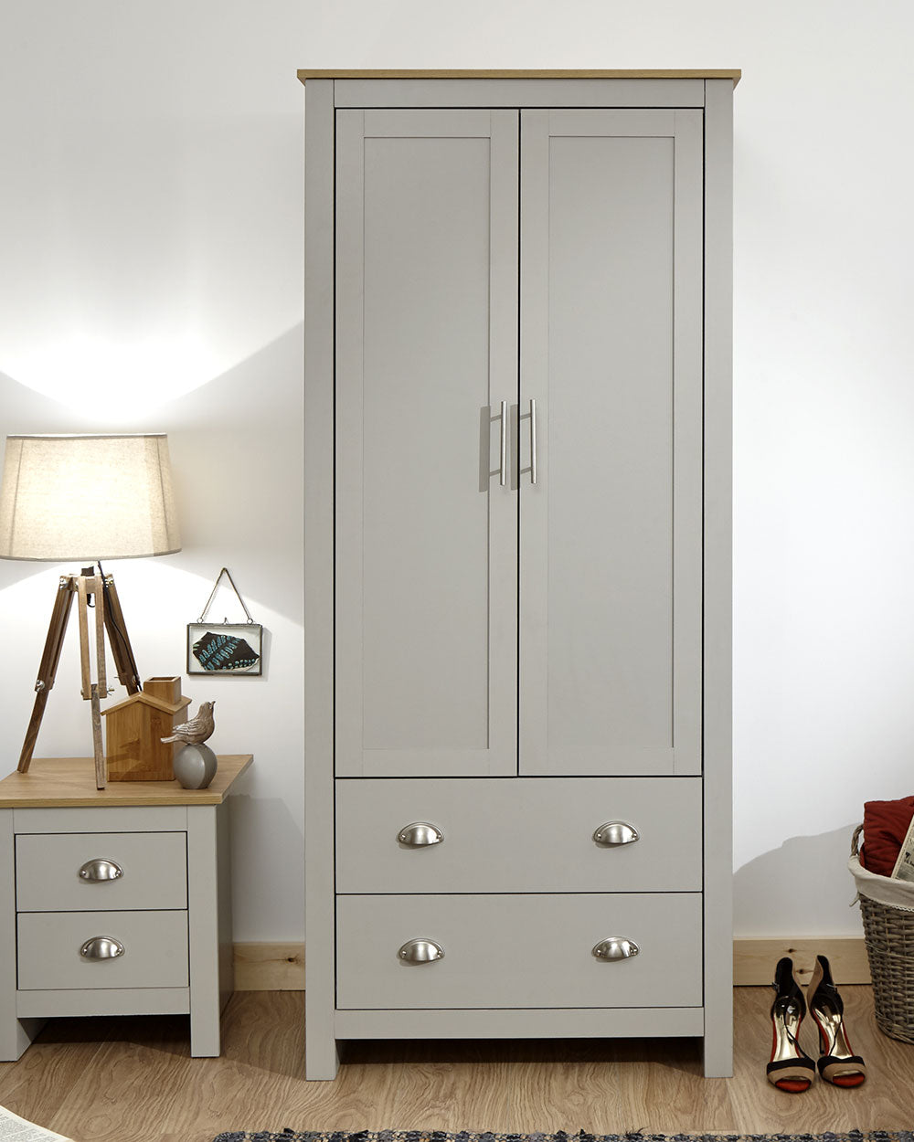 Lancaster 2 Door 2 Drawer wardrobe in sleek grey with an oak effect top in a bedroom setting