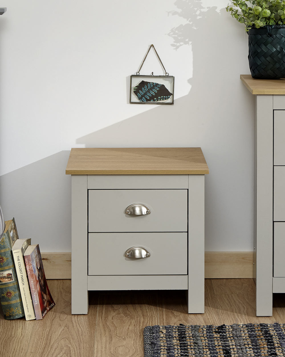 Lancaster 2 drawer bedside table cabinet in a lifestyle scene in a bedroom