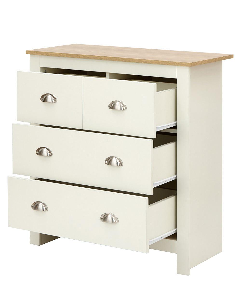 Lancaster 2 + 2 chest of drawers in cream with an oak effect top with all drawers open on a white cut out bacgkround