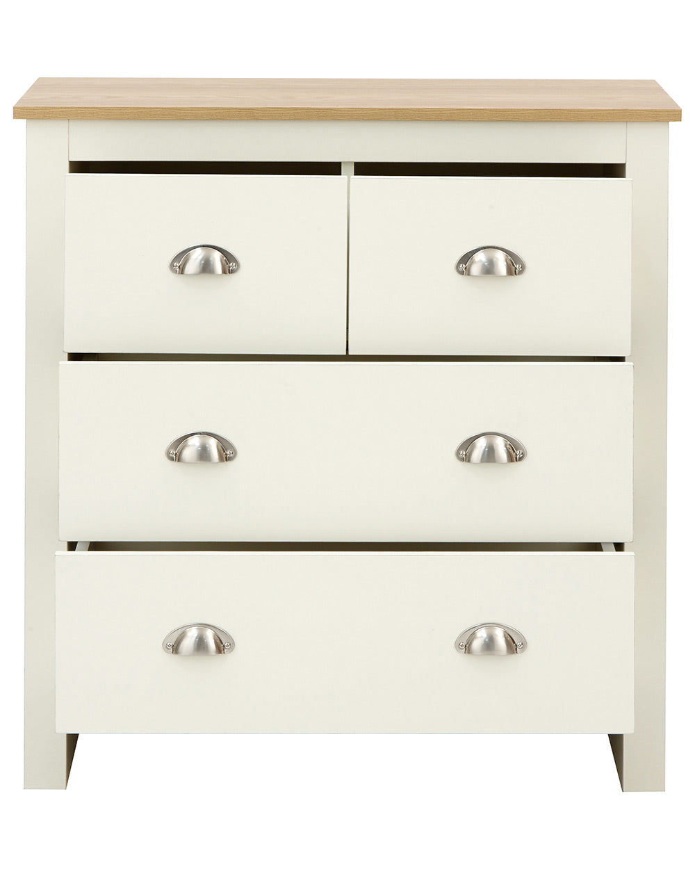 Lancaster 2 + 2 chest of drawers in cream with an oak effect top with all drawers open on a white cut out background