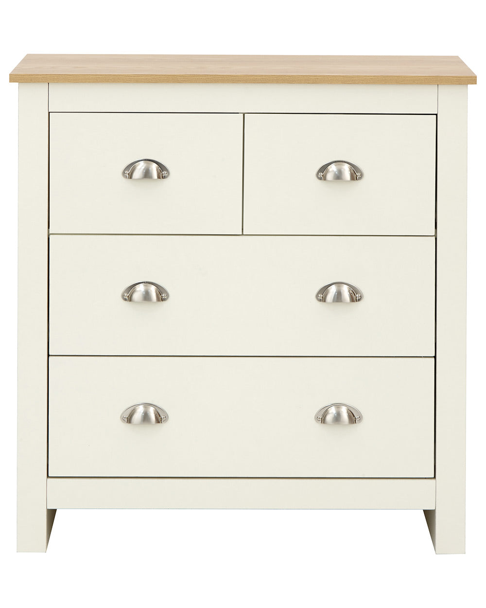 Lancaster 2 + 2 chest of drawers in cream with an oak effect top with all drawers open on a white cut out background