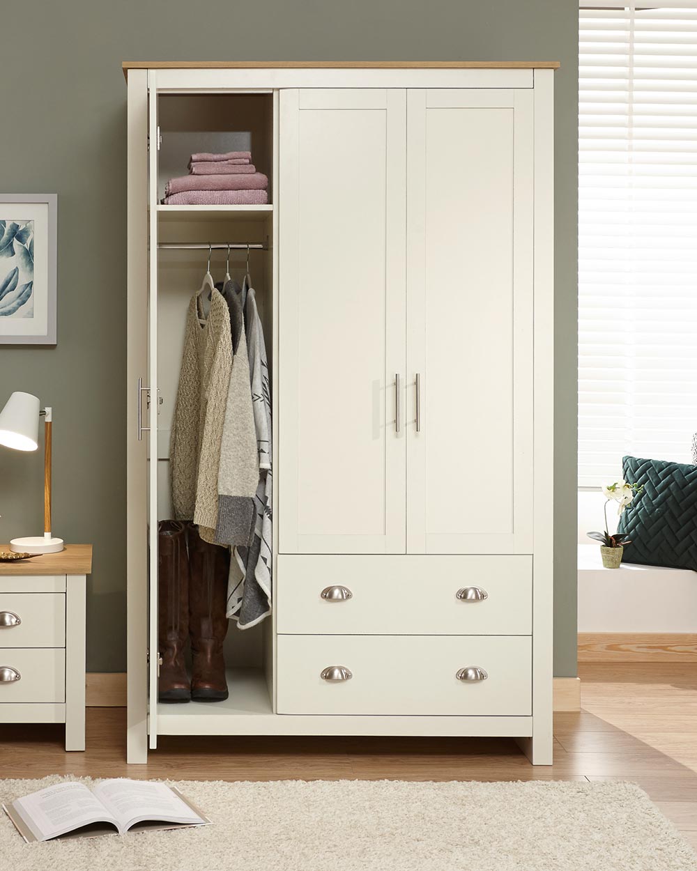 Lancaster 3 door 2 drawer wardrobe shaker style doors in a bedroom lifestyle setting door open