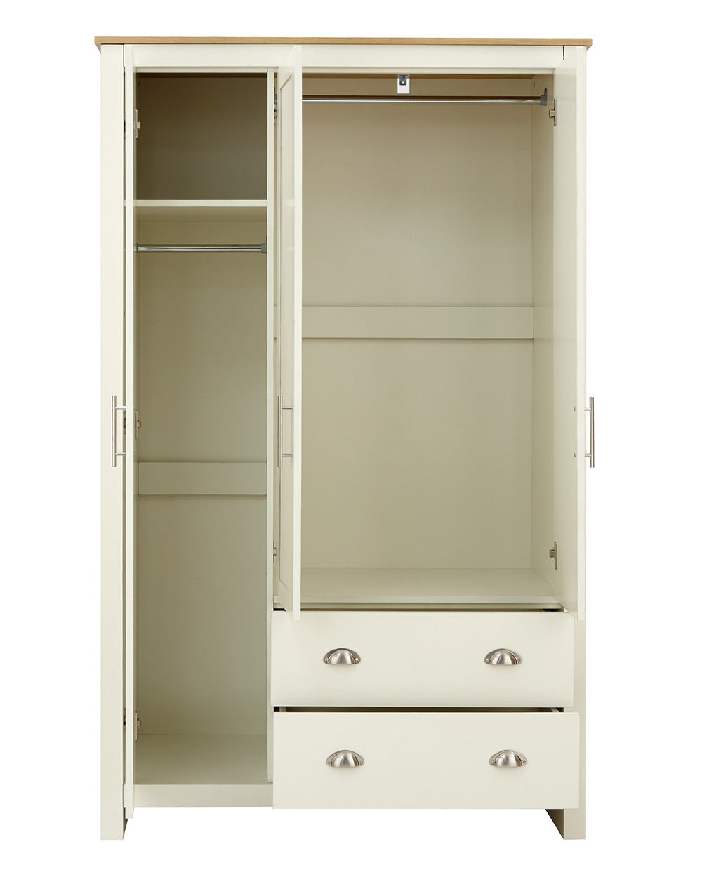 Lancaster 3 door 2 drawer wardrobe shaker style doors on a white cut out background front facing doors open