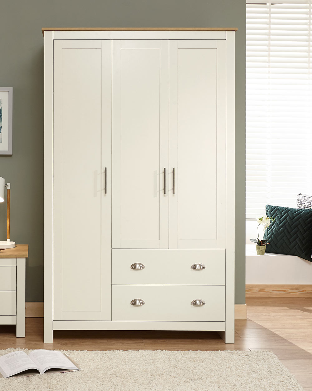 Lancaster 3 door 2 drawer wardrobe shaker style doors in a bedroom lifestyle setting