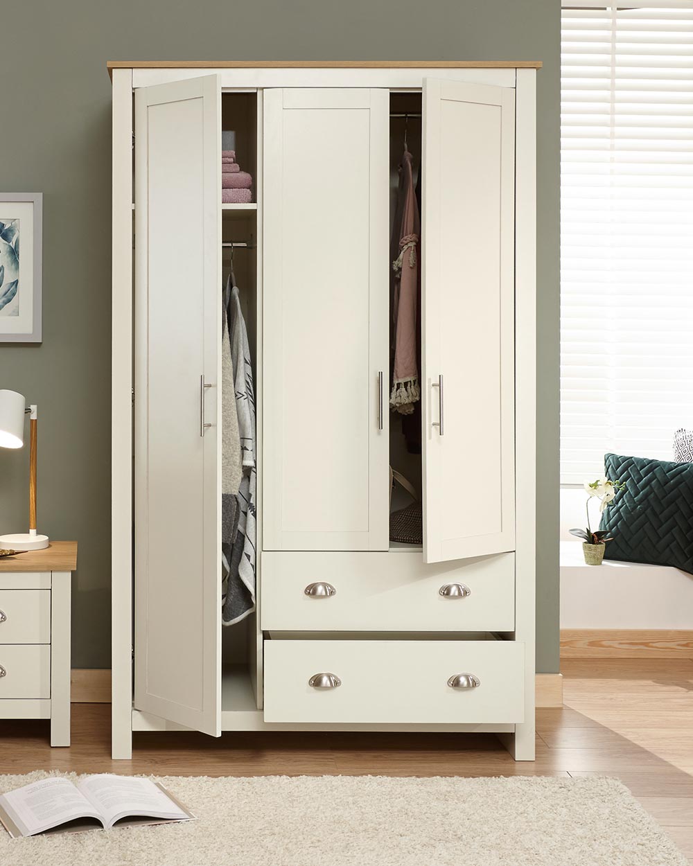 Lancaster 3 door 2 drawer wardrobe shaker style doors in a bedroom lifestyle setting with doors and drawers open