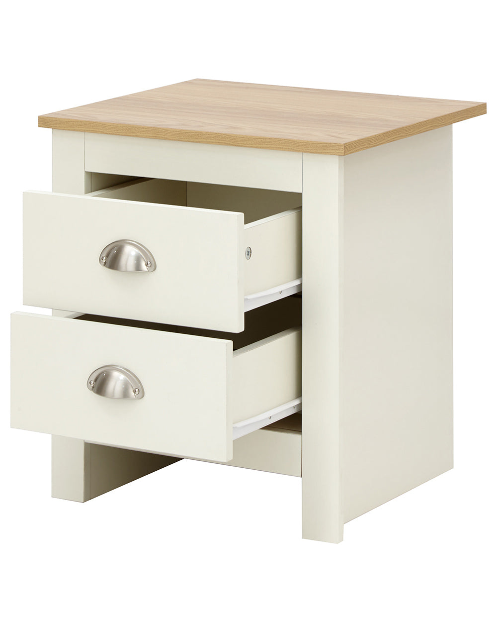 Lancaster bedside cabinet in cream with an oak effect top  on a white background with both drawers open