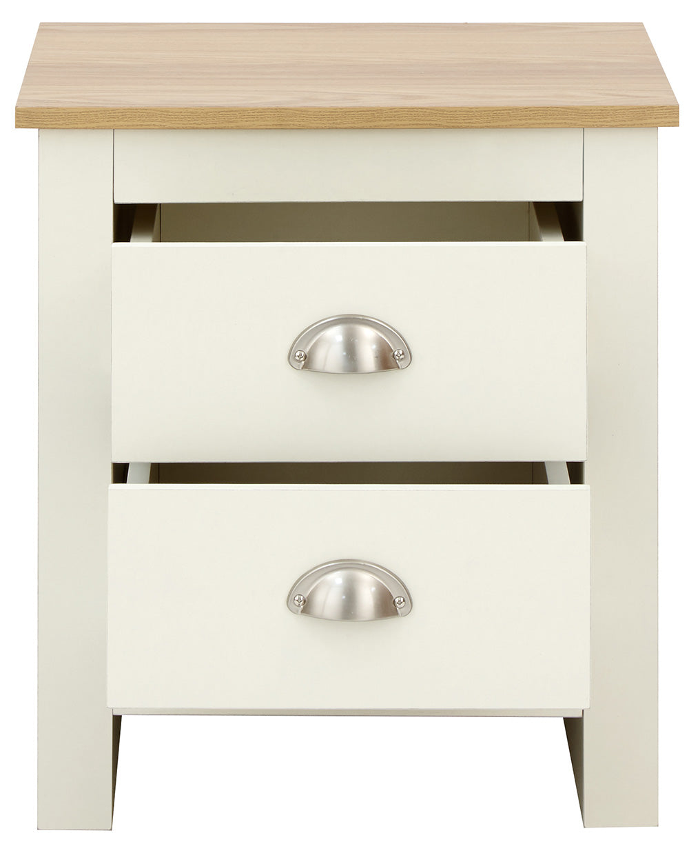 Lancaster bedside cabinet in cream with an oak effect top  on a white background with both drawers open