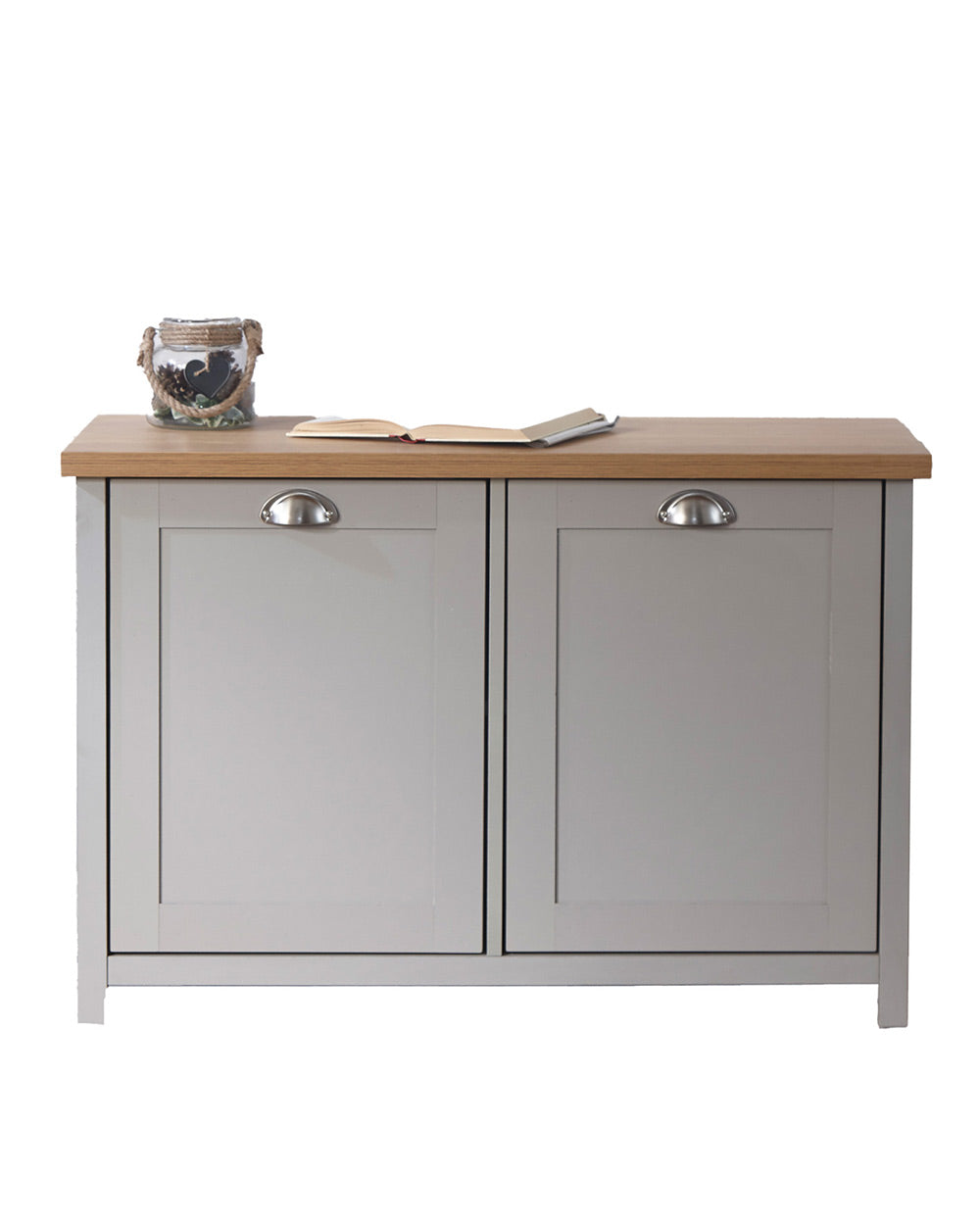 white cut out image of the lancaster shoe storage unit in grey with an oak effect top.