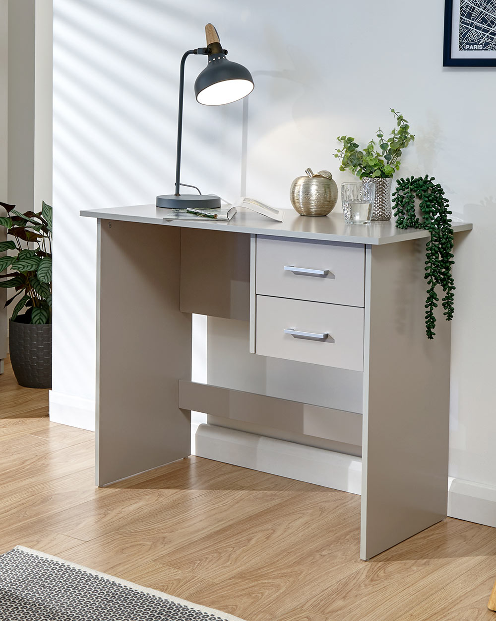 Panama desk in grey in a lifestyle photo in a room